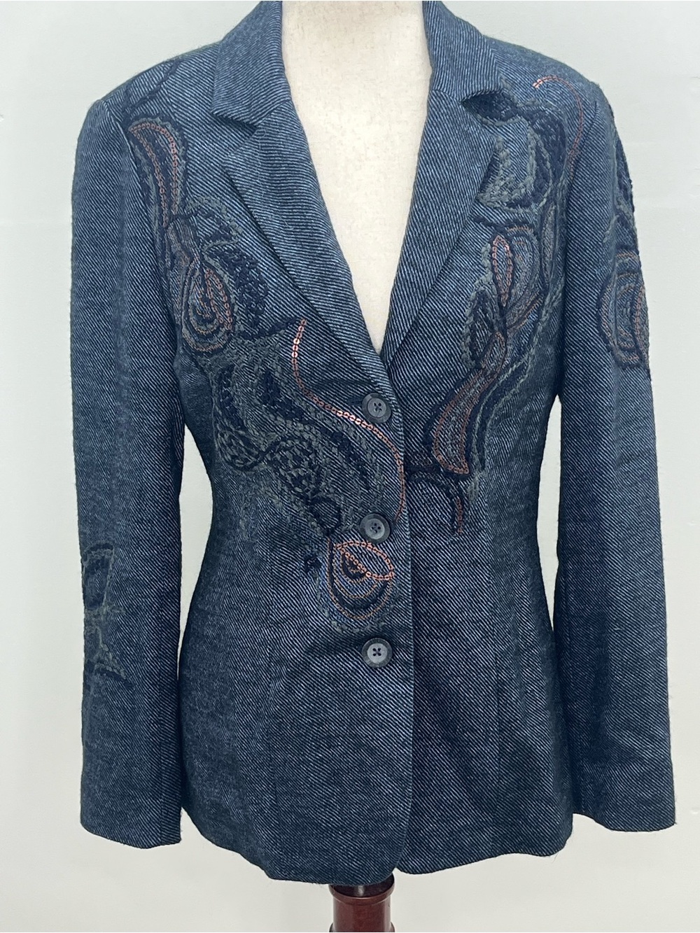 Coldwater Creek Women'sBlue Wool Blend Embroidered Sequin Blazer Jacket Size 4